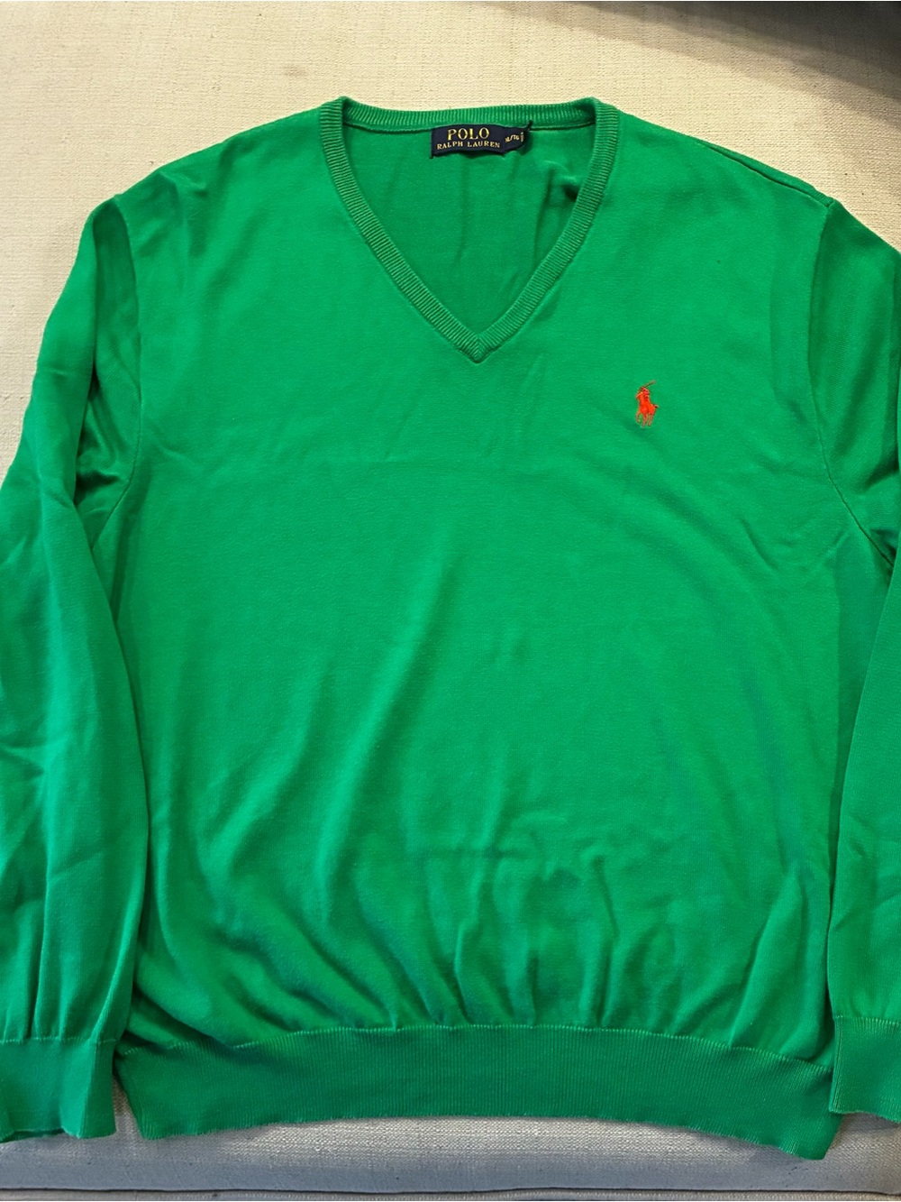 Ralph Lauren Green V-Neck Sweater with Orange Pony